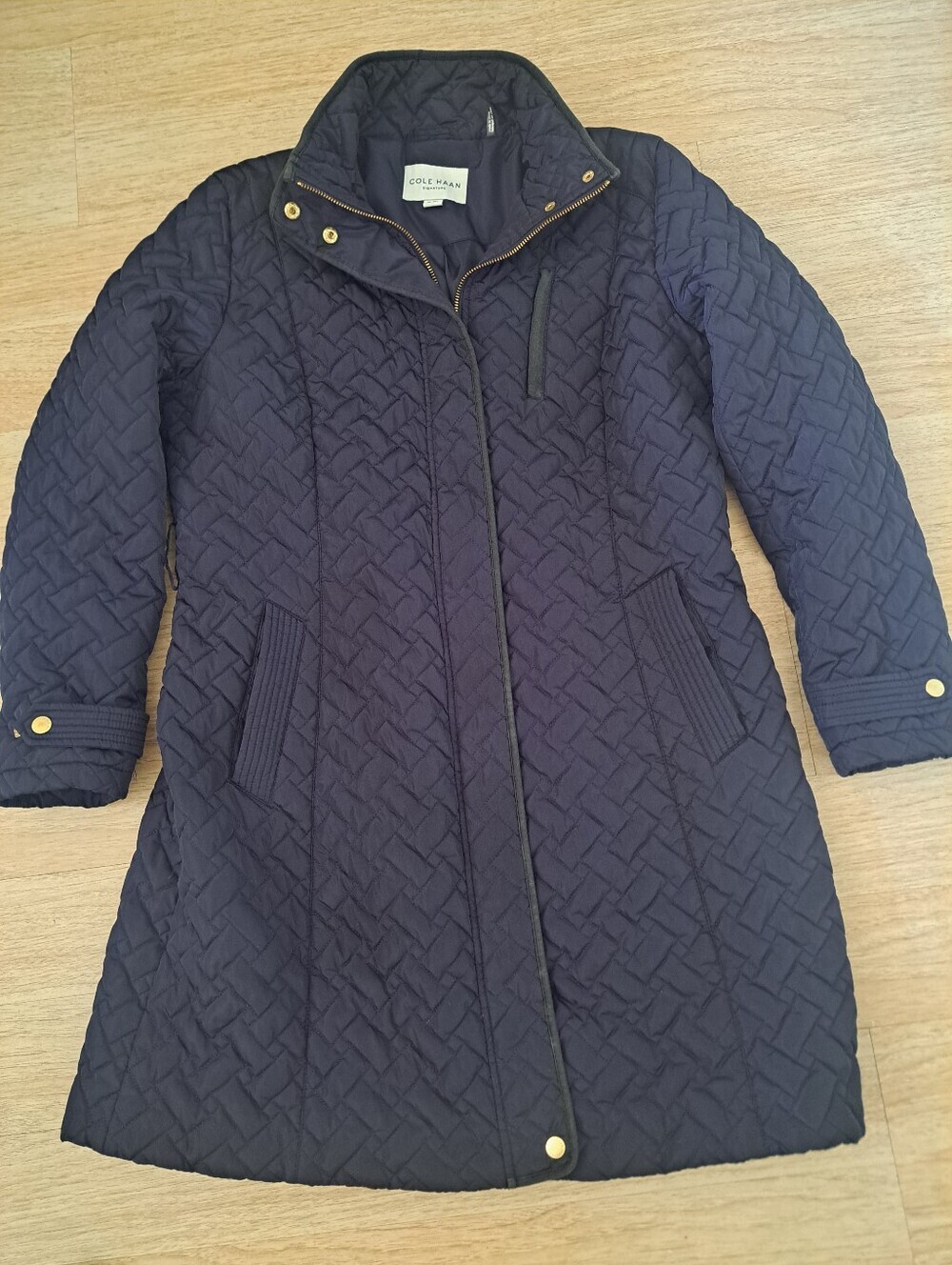Cole Haan Navy Quilted Long Puffer Coat with Gold Hardware